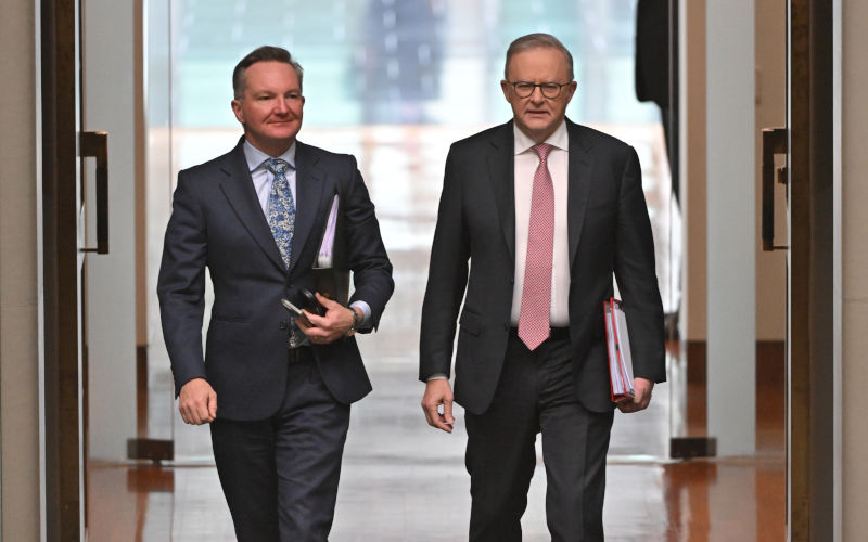 Minister for Climate Change Chris Bowen and Prime Minister Anthony Albanese before Question Time in the House of Representatives at Parliament House in Canberra, Thursday, August 20, 2026. Image AAP Mick Tsikas NO ARCHIVING