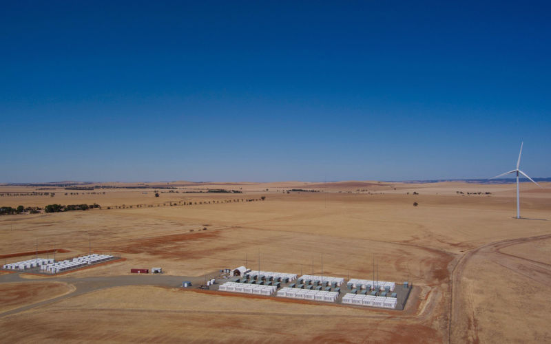 Aerial of the worlds first Tesla Big Battery BESS at Hornsdale Power Reserve near Jamestown South Australia. Image Alamy IconsAustralia Image ID 2XEBG7N