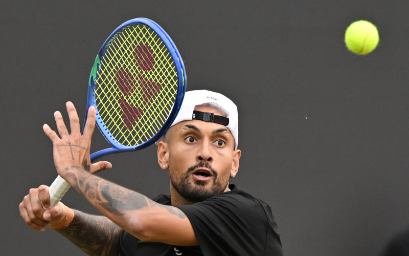 09 June 2026, BadenWuerttemberg, Stuttgart Australian tennis player Nick Kyrgios in action against Frances Corentin Moutet during their mens singles round of 32 match at the Stuttgart Open tennis tournament. Image AAP DPA Marijan Murat dpa