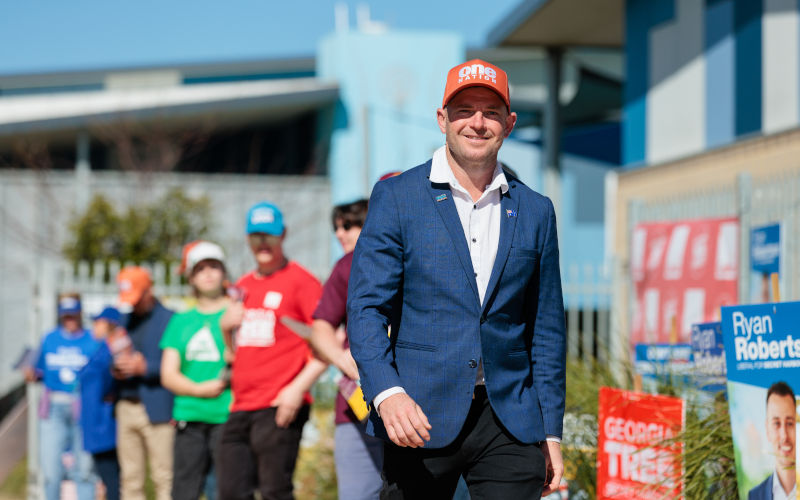 WA One Nation candidate for Secret Harbour Luke Herdegen is seen at the Coastal Lakes College Polling Place in Perth, Saturday, August 29, 2026. Voters in the beachside seat of Secret Harbour, south of Perth, are heading to the polls on Saturday after longserving MP and senior government minister Paul Papalias midterm retirement triggered a state byelection. Image AAP Richard Wainwright