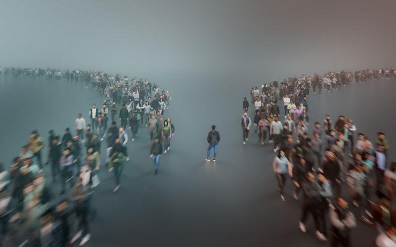 People on one of two pathways, observers in the middle. Image iStock gremlin