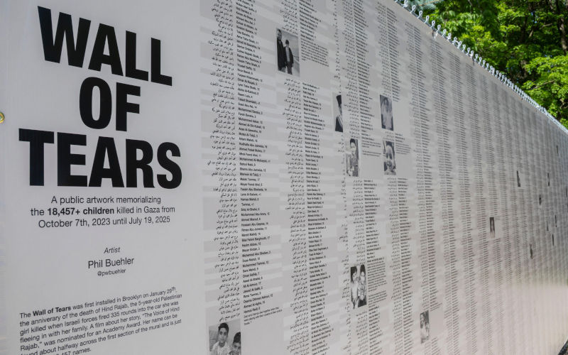 Dearborn, Michigan The Wall of Tears exhibition shows the names (in English and Arabic) of 18, 457 children killed in Gaza since October 7, 2023. The exhibit was created by artist Phil Buehler . Image Alamy Jim West. Image ID 3EPMBT5