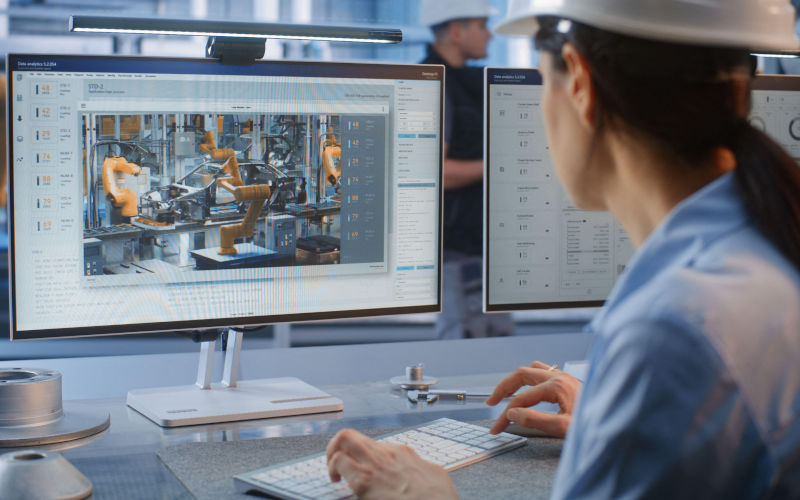 AI Manufacturing. Automated manufacturing plant, female specialist monitors real time production charts on display. Data analytics software optimises efficiency in modern smart factory operations. Image Alamy Yevhen Shkolenko Alamy Image ID3FDYFB9