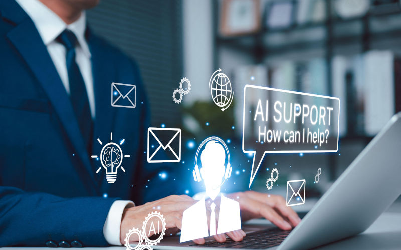 AI Support and Smart Customer Service Assistance Concept. Professional using laptop with virtual support agent, message and automation icons. helpdesk Image Alamy Pattara Alamy image ID 3EAFKK9