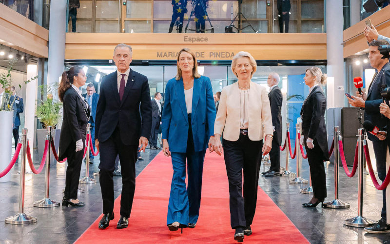 Strasbourg, France. 16th Sep, 2026. (From L) Canadas Prime Minister Mark Carney, EU Parliament President Roberta Metsola and European Commission President Ursula von der Leyen arrive for a speech during European Commission Presidents annual State of the Union address at a plenary session of the European Parliament in Strasbourg, eastern France on September 16, 2026. Image European Union UPI Alamy Live News Alamy image ID 3FHMX9W