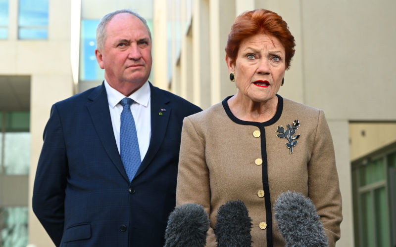 One Nation leader Pauline Hanson and One Nation member for New England Barnaby Joyce speak to the media during a press conference at Parliament House in Canberra, Monday, September 7, 2026. Image AAP Lukas Coch