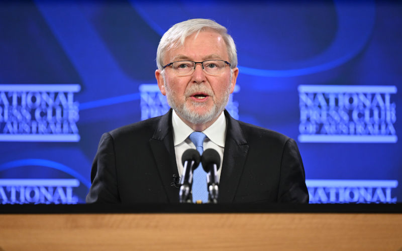 Former prime minister Kevin Rudd addresses the National Press Club in Canberra, Thursday, September 10, 2026. Image AAP Image Lukas Coch