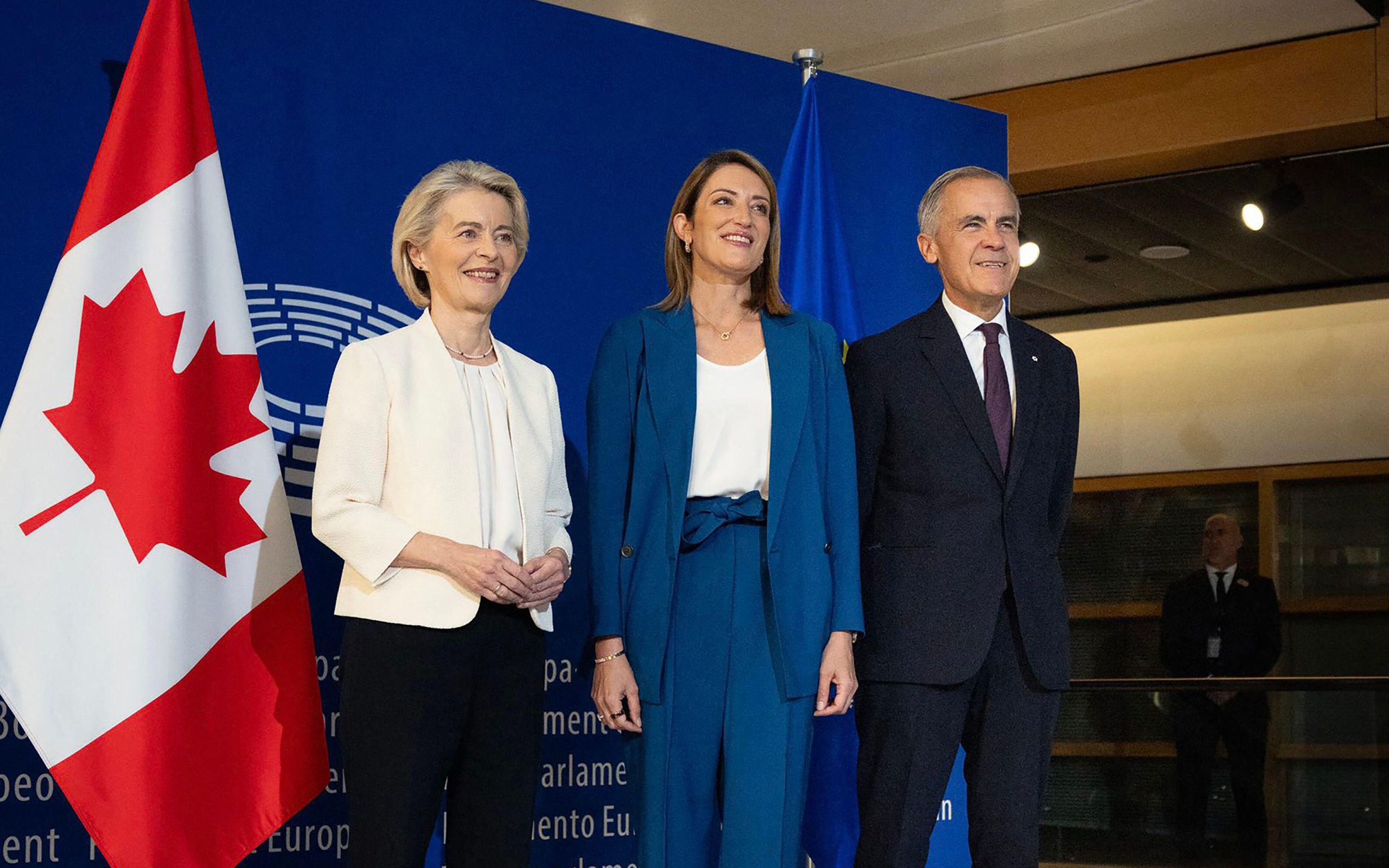 Strasbourg, France. 17th Sep, 2026. Canadas Prime Minister Mark Carney (R), EU Parliament President Roberta Metsola (C) and European Commission President Ursula von der Leyen (L) arrive for a speech during European Commission Presidents annual State of the Union address at a plenary session of the European Parliament in Strasbourg, on September 16, 2026. Image Canadian Presidency UPI Alamy Live News Alamy image ID 3FHMXC8