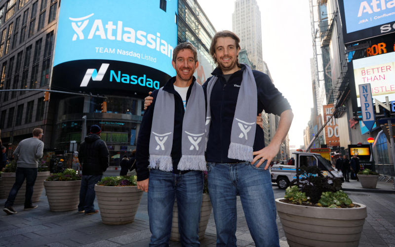 New York, Dec 10, 2015. Atlassian cofounders Scott Farquhar (left) and Mike CannonBrookes in Times Square. Image Alamy Trevor Collens Alamy Image ID FA0G81
