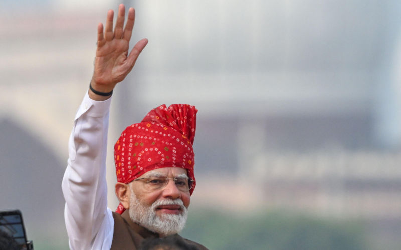 NEW DELHI, INDIA AUGUST 15 Prime Minister Narendra Modi greets people at the Red Fort on 80th Independence Day on August 15, 2026 in New Delhi, India. Image Alamy SIP USA Alamy Image ID 3F9CGHC