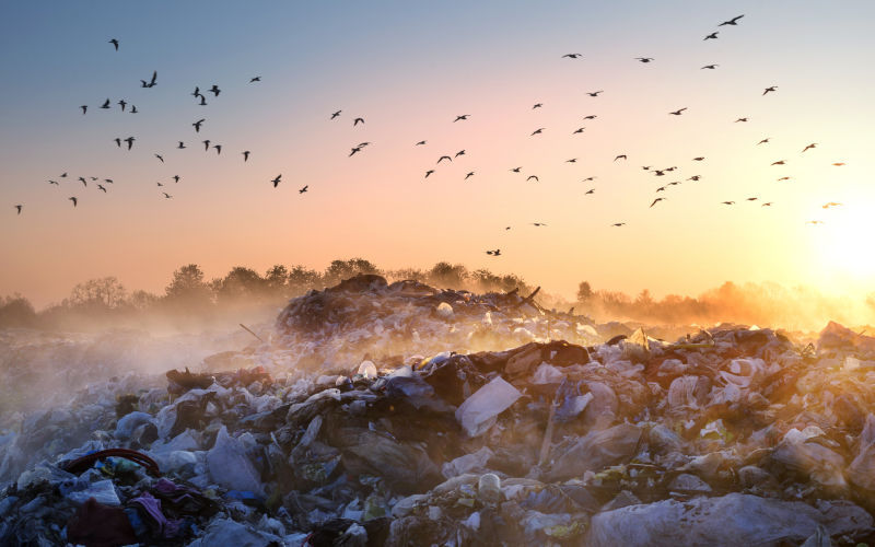 oggy dawn over a huge field of urban garbage, saturated with poisonous fumes of decomposition of organic waste and household chemicals. Image iStock panaramka
