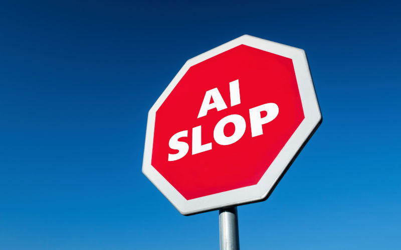 Stop AI Slop, low quality content generated by Artificial Intelligence stop sign. Image iStock Milan Surkala