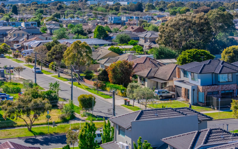 Panoramic aerial drone view of Northern Melbourne Suburbs with Houses roads and parks in Melbourne Victoria Australia. Image iStock Elias Bitar