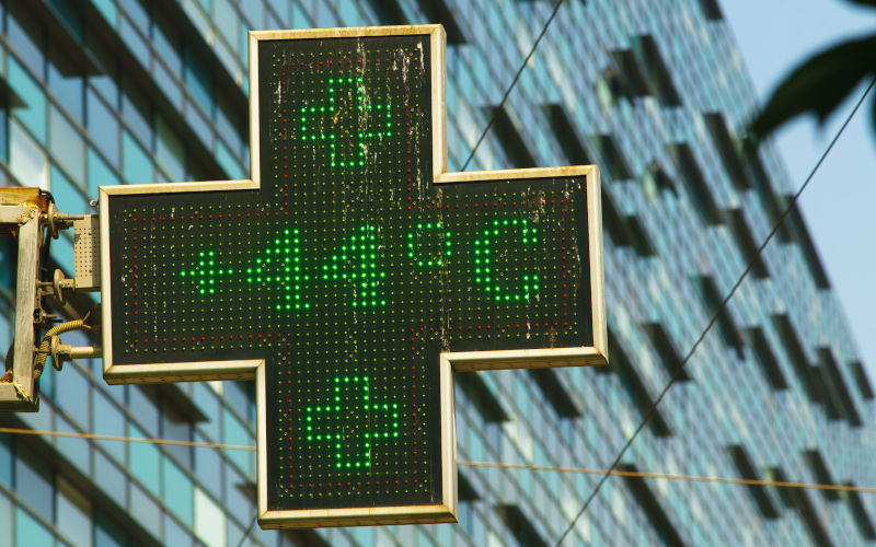 Bucharest, Romania July 26, 2023 44 degrees celsius (111.2 fahrenheit) is the temperature displayed by a digital thermometer outside a pharmacy. Image iStock lcva2