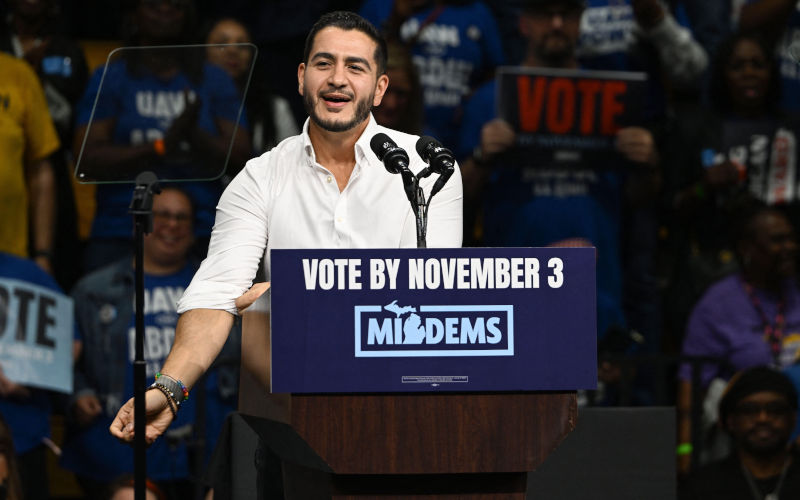 Abdul ElSayed, Democratic Nominee for United States Senate from Michigan, speaks at a Democratic candidates rally at Cass Technical High School in Detroit, Michigan, USA on Saturday, October 24, 2026. Winning US Senate and US House races in the swing state of Michigan is central to Democratic hopes to wrest power in both chambers of the US Congress from the Republicans. Image Kyle Mazza CNP Alamy image ID 3FXX9GK