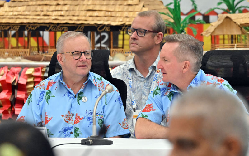 Australias Prime Minister Anthony Albanese and Minister for Climate Change Chris Bowen at a leaders dialogue during the PreCop31 meeting in Tuvalu, Tuesday, October 6, 2026. Image AAP POOL Mick Tsikas
