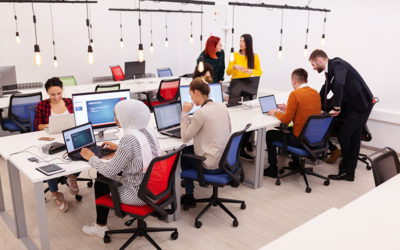 Group of casually dressed multiethnic colleagues working on desktop computers in a modern office space. Image iStock Nikola Spasenoski