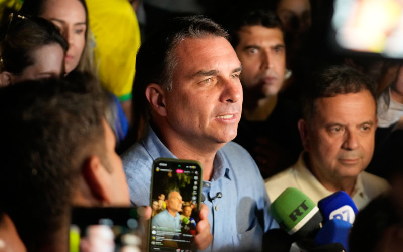 Opposition presidential candidate Sen. Flavio Bolsonaro speaks after advancing to a runoff election following the first round of the presidential election in Brasilia, Brazil, Sunday, Oct. 4, 2026. Image AP Eraldo Peres