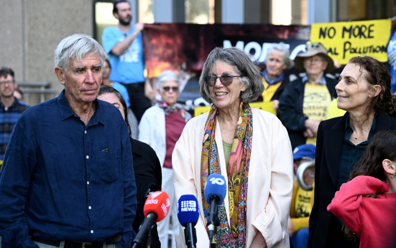 DAMS HEG (Denman Aberdeen Muswellbrook Scone Healthy Environment Group) Treasurer Tony Lonergan (left) and President Wendy Wales with Johnson Legal Principal Lawyer Anita OHart, speak to media following their win in the High Court of Australia, in Sydney, Wednesday, October 7, 2026. Image AAP Dan Himbrechts