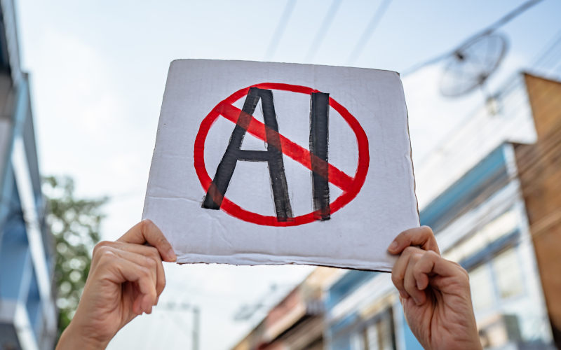 Demonstrator holding No AI placard Image iStock Wachiwit