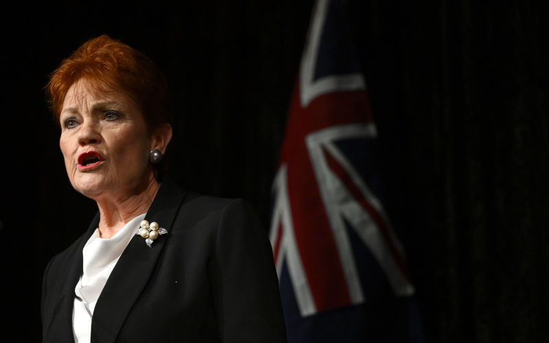 One Nation leader Pauline Hanson speaks during the launch of the One Nation 2026 Victorian State Campaign at in Melbourne, Saturday, October 3, 2026. Image AAP Joel Carrett NO ARCHIVING