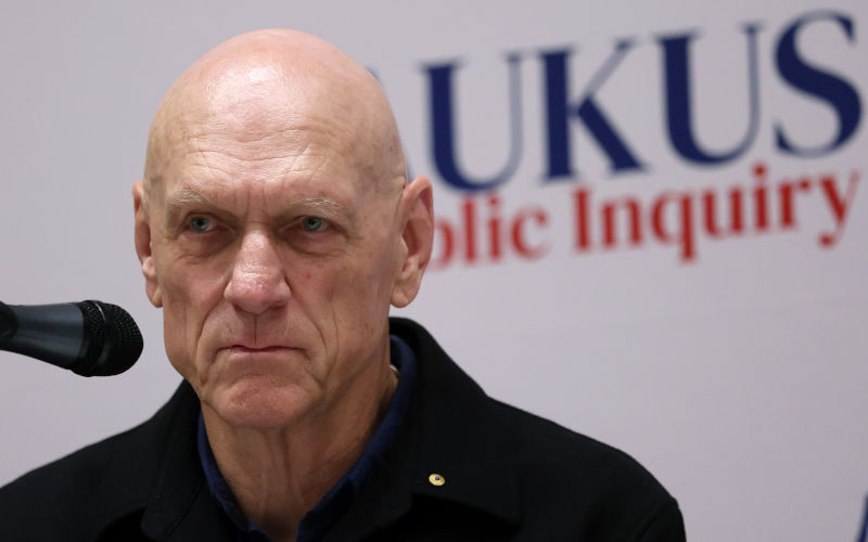 Lead Commissioner Peter Garrett during the nationwide hearings into the AUKUS submarine project at the Victorian Trades Hall in Melbourne, Thursday, June 11, 2026 Image AAP Con Chronis