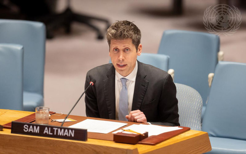 Sam Altman, Chief Executive Officer of OpenAI, briefs the Security Council meeting on Artificial Intelligence and International Security, under the agenda item Maintenance of International Peace and Security. Image UN Photo Ariana Lindquist
